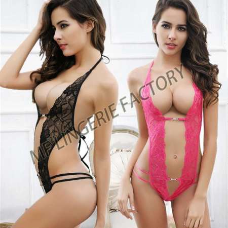 Women Deep V Halter Lingerie Lace Babydoll Mini Bodysuit